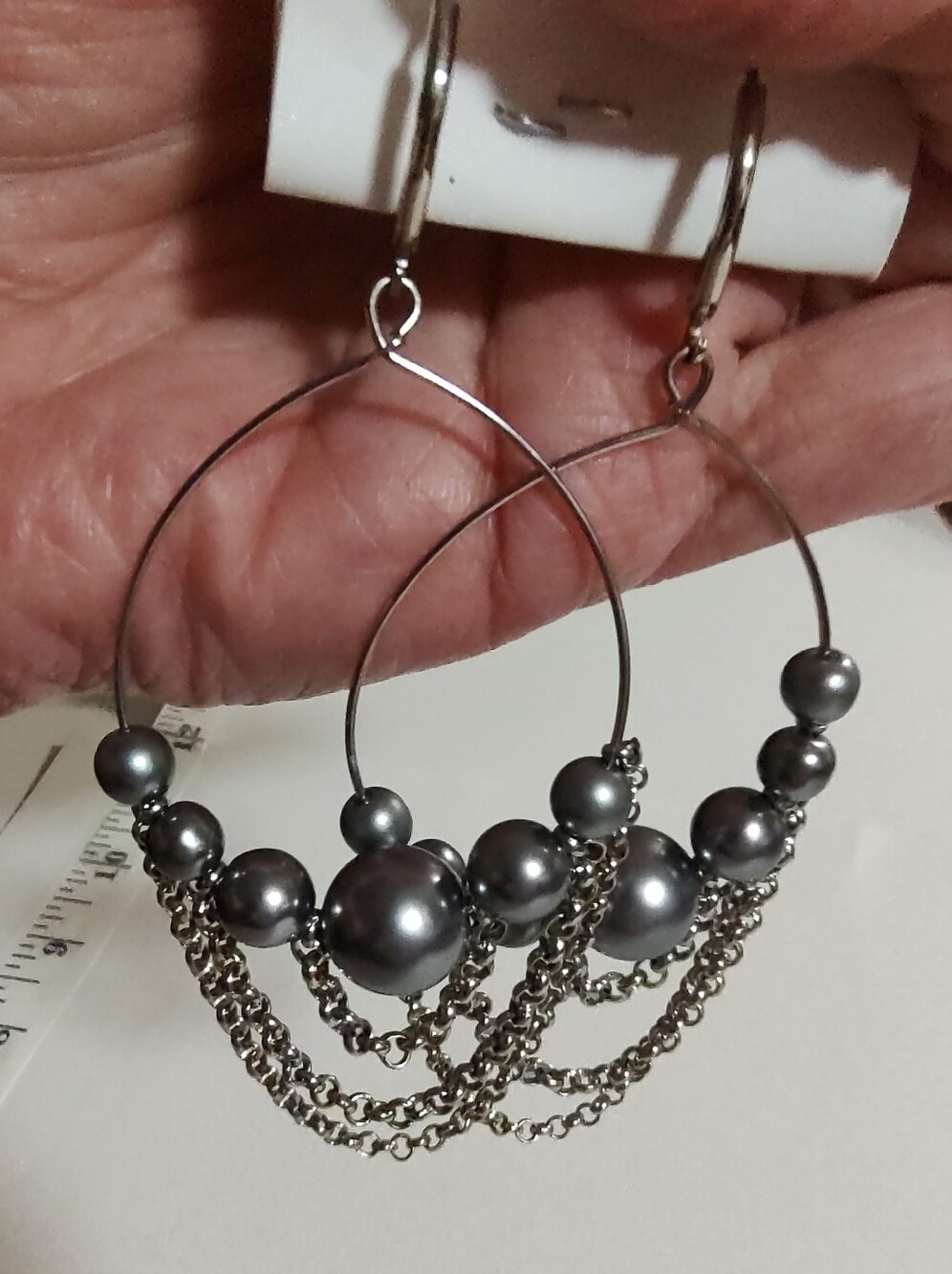 Silver-Tone Hoop Earrings with Gray Pearl Beads and Chain Drapes